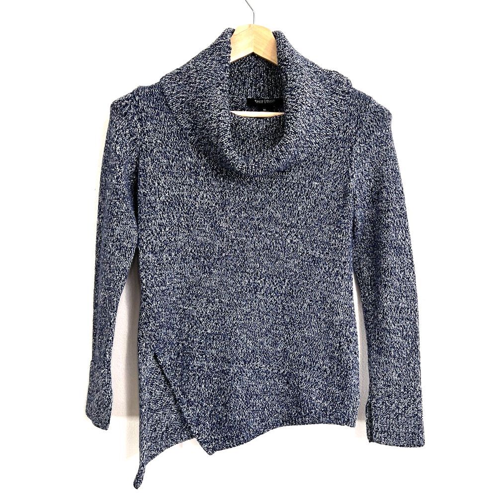 White House Blue Multi Color Sweater Fisherman Knit Wide Cowl Neck Asymmetrical